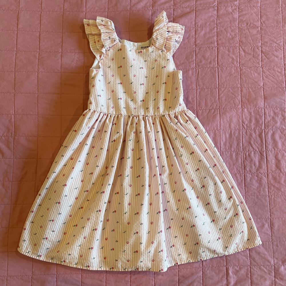 Blueberi Boulevard Pink Floral Stripe Sundress with Ruffle Shoulders